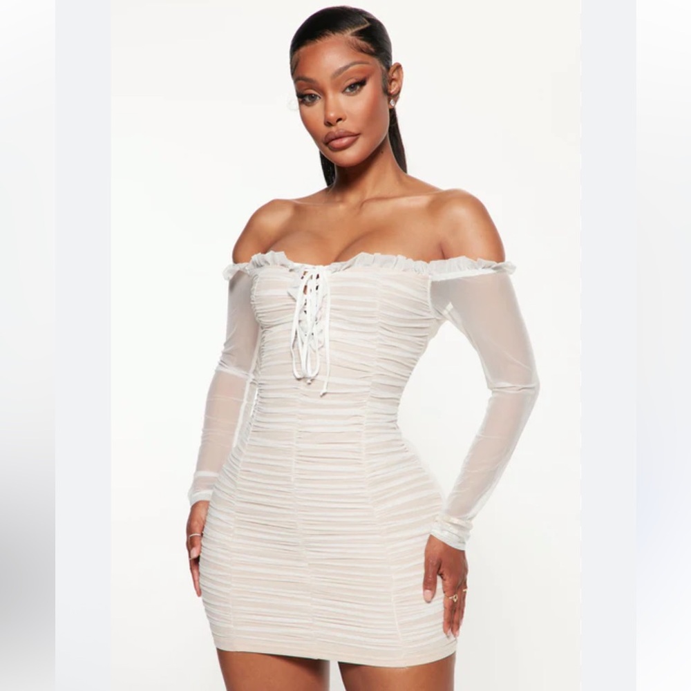 Fashion Nova Maura Mesh Ivory Ruffle Tight Long Sleeve Bodycon Dress - Size S